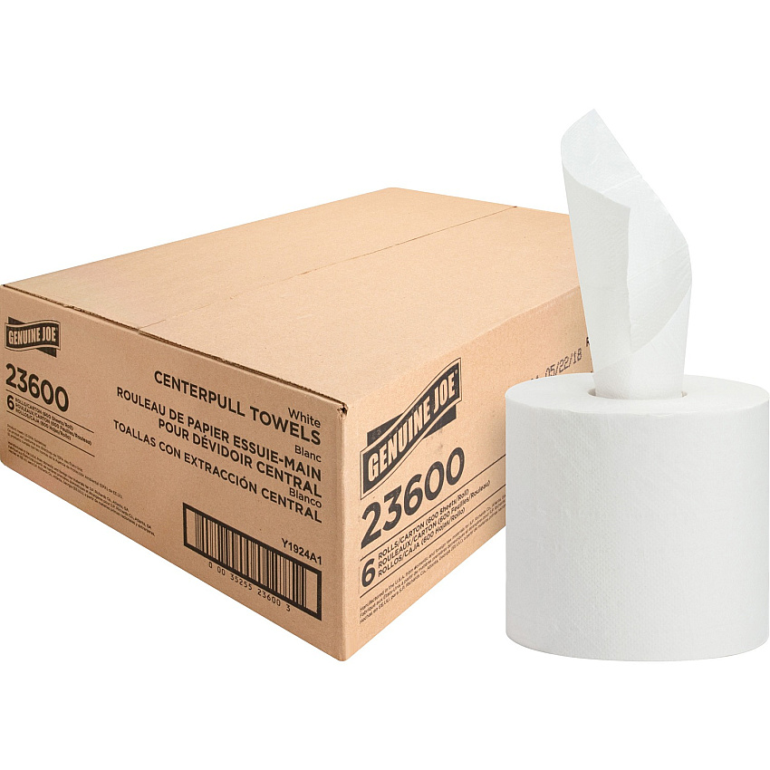 Genuine Joe&reg; Center-Pull 2-Ply Paper Hand Towels, 6 Rolls 2 Ply - 8.13" Width x 7.56" Length - 600 Sheets/Roll - 3 1/16" Core - White - Fiber - 6 / Carton (GJO23600)