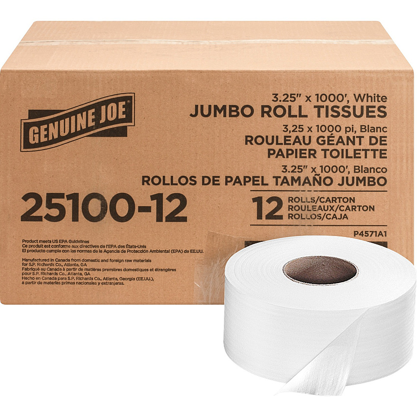 Genuine Joe&reg; Jumbo Toilet Paper, 2-Ply, 1,000-ft., 12 Rolls 2 Ply - 3.25" Width x 1000 ft Length - 9" Roll Diameter - 3 19/64" Core - White - 12 / Carton (GJO2510012)