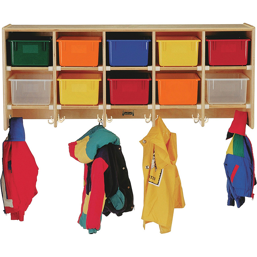 Jonti-Craft 10 Section Wall Mount Coat Locker 10 Compartment(s) - 20" Height x 48" Width x 15.50" Depth - Hanging Hook, Sturdy, Stain Resistant, Non-yellowing - Oak - Baltic Birch - 1 Each (0771)