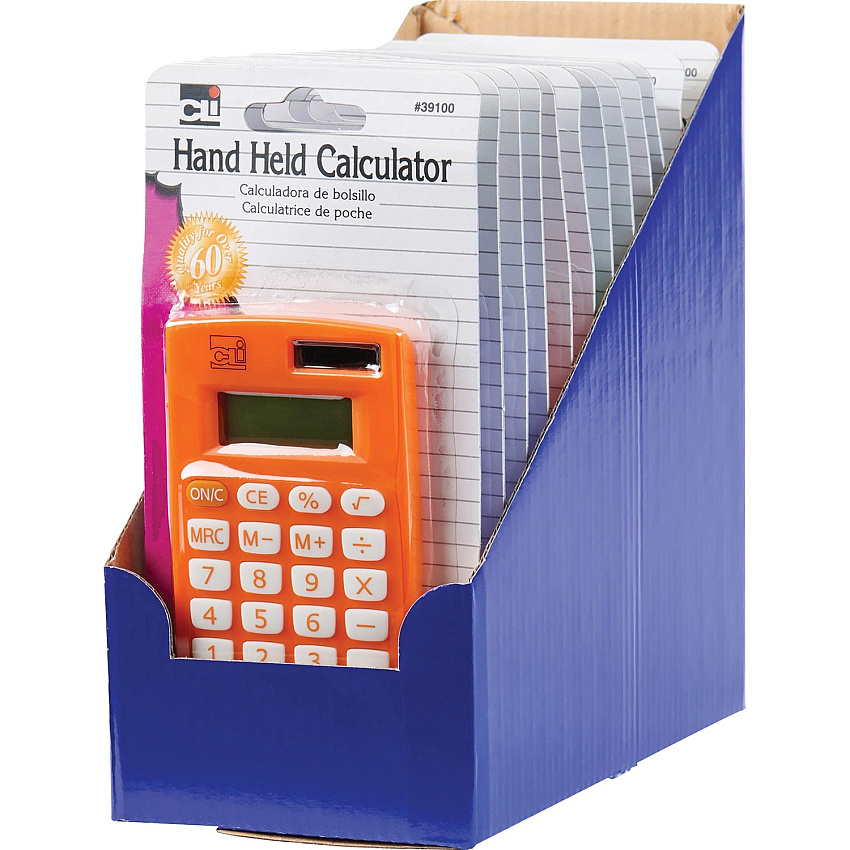 CLI 8-digit Hand Held Calculator Dual Power, Non-slip Rubber Key - 8 Digits - Battery Powered - Assorted - 12 / Display Box (39100ST)