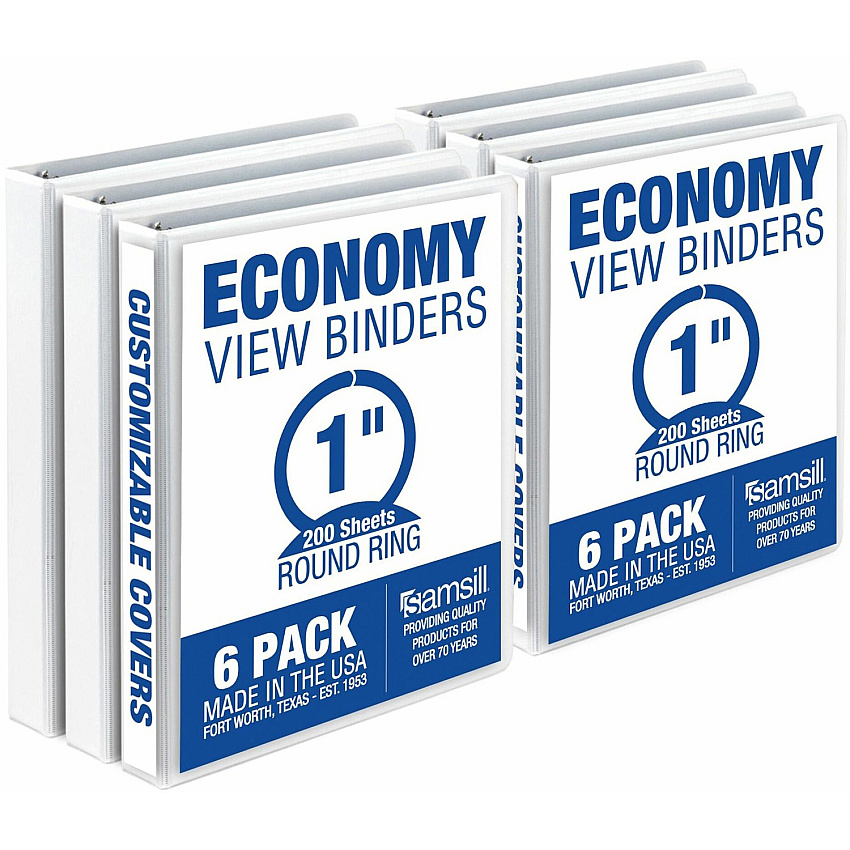 Samsill Economy 1 Inch 3 Ring Binder, Made in the USA, Round Ring Binder, Non-Stick Customizable Cover, White, 6 Pack 1" Binder Capacity - 200 Sheet Capacity - 3 Ring(s) - Fastener(s): Round Ring - Polypropylene, Chipboard, Plastic - White - 4.02 (I08537)
