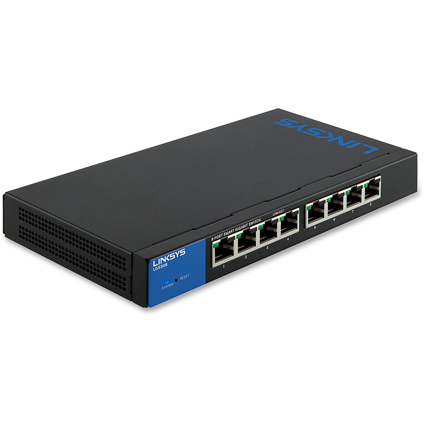 Linksys 8-Port Smart Gigabit Switch 8 Ports - Manageable - Gigabit Ethernet - 10/100/1000Base-T - 2 Layer Supported - Power Supply - Twisted Pair - Desktop - 1 YearLifetime Limited Warranty (LGS308)