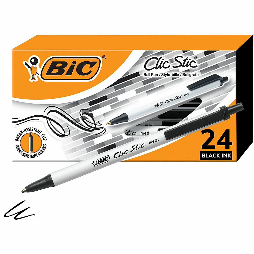 BIC Clic Stic Fashion Retractable Ball Point Pen, Black, 24 Pack 1 mm Pen Point - Retractable - Black Ink - 24 / Box (CSM241BLK)