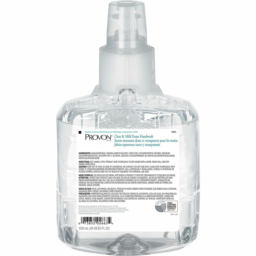 Provon LTX-12 Refill Clear & Mild Foam Handwash 1.27 quart - Pump Bottle Dispenser - Kill Germs - Skin, Hand - Moisturizing - Clear - Rich Lather, Fragrance-free, Dye-free - 1 Each (194102)