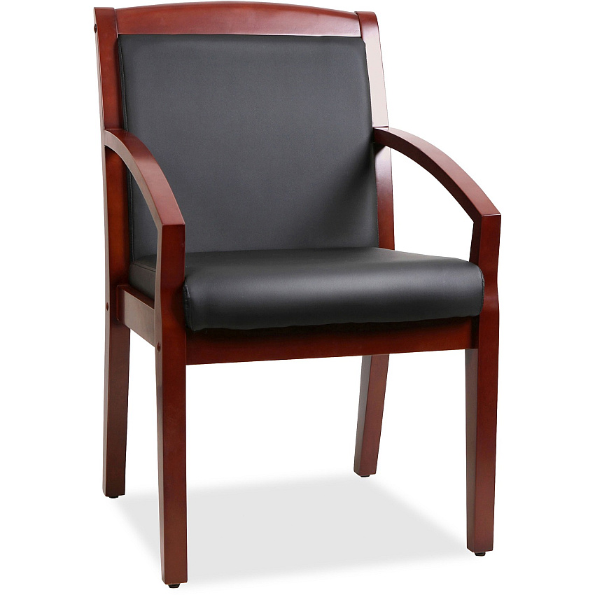 Lorell Sloping Arms Wood Frame Guest Chair Black Seat Color - Bonded Leather Seat Material - Black Back Color - Bonded Leather Back Material - Cherry Frame Color - Wood Frame Material - Four-legged Base - 1 Each (LLR20014)