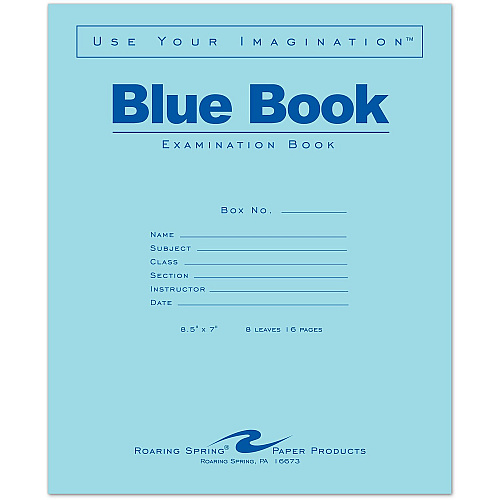 Roaring Spring Blue Book 8-sheet Exam Booklet 8 Sheets - Stapled - Ruled Margin - 15 lb Basis Weight - 7" x 8 1/2" Sheet Size - White Paper - Blue Cover - Dual Sided - 1 Each (77512EA)