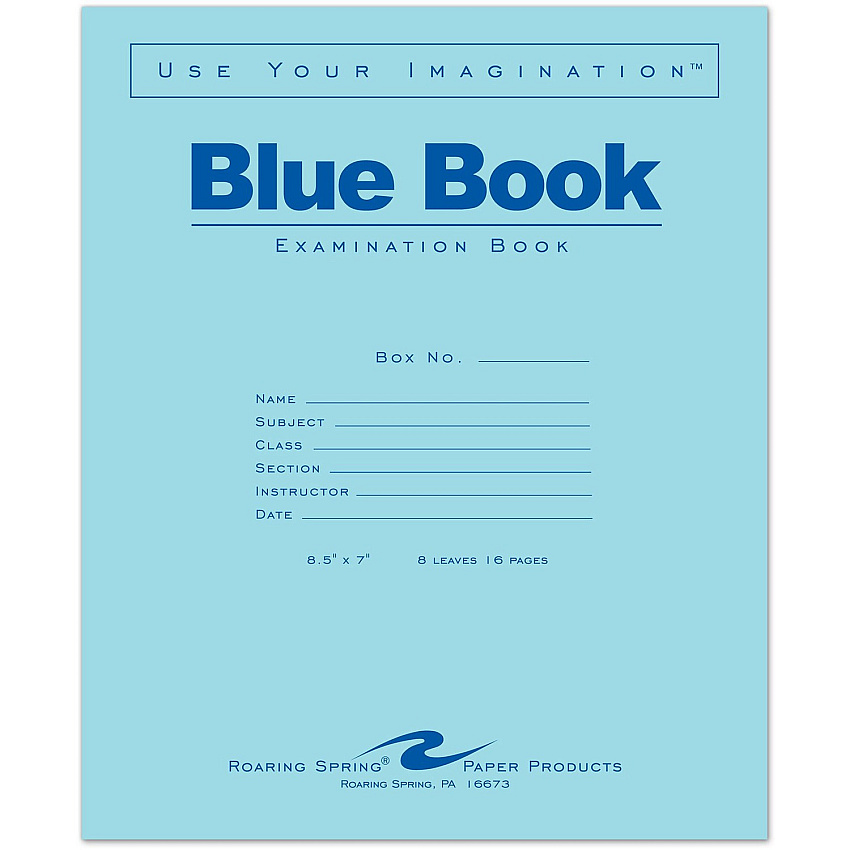 Roaring Spring Blue Book 8-sheet Exam Booklet 8 Sheets - Stapled - Ruled Margin - 15 lb Basis Weight - 7" x 8 1/2" Sheet Size - White Paper - Blue Cover - Dual Sided - 1 Each (77512EA)
