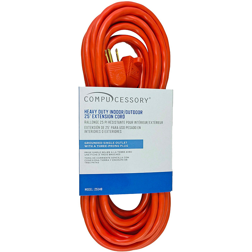 Compucessory Heavy-duty Indoor/Outdoor Extension Cord 16 Gauge - 125 V AC / 13 A - Orange - 25 ft Cord Length - 1 Each (25148)