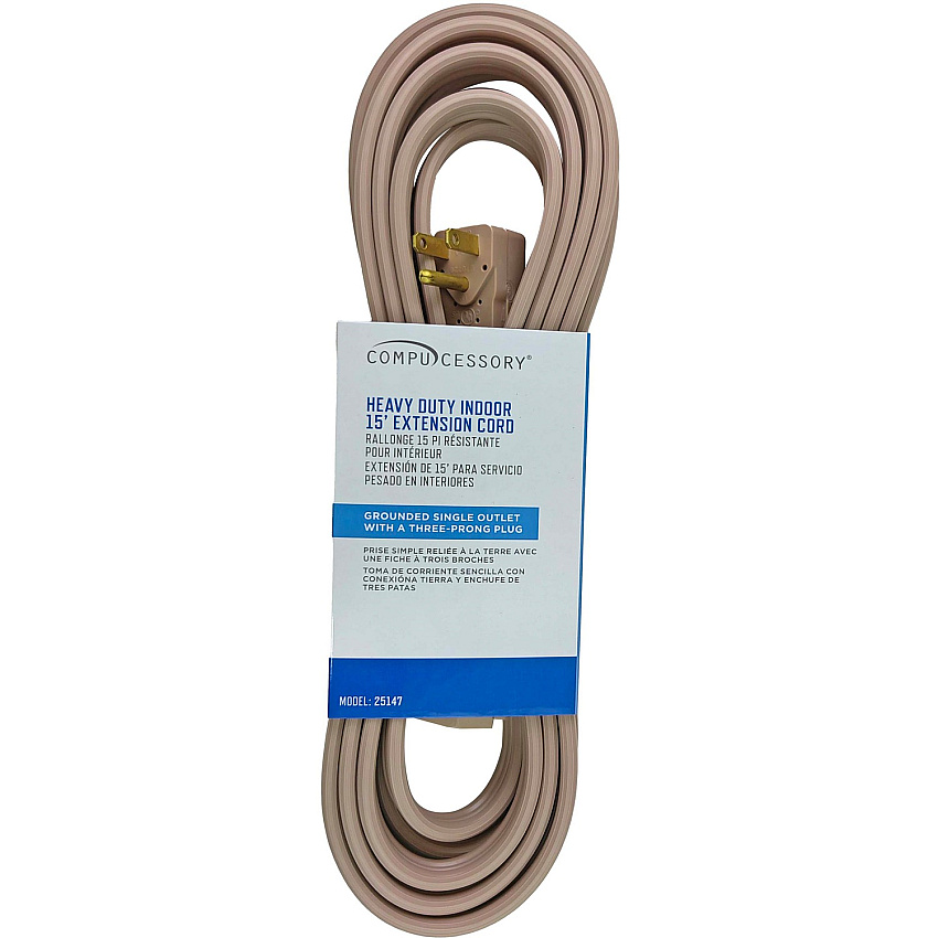 Compucessory Heavy Duty Indoor Extension Cord 14 Gauge - 125 V AC / 15 A - Beige - 15 ft Cord Length - 1 Each (25147)