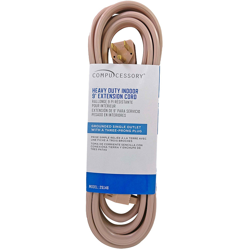 Compucessory Heavy Duty Indoor Extension Cord 14 Gauge - 125 V AC / 15 A - Beige - 9 ft Cord Length - 1 Each (25146)