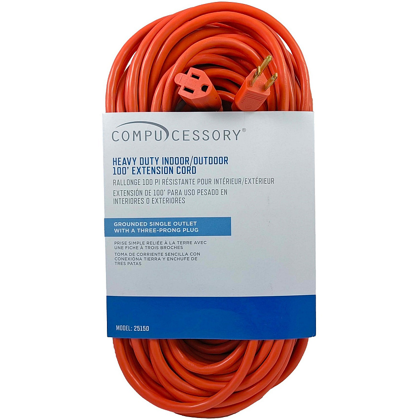 Compucessory Heavy-duty Indoor/Outdoor Extension Cord 16 Gauge - 125 V AC / 13 A - Orange - 100 ft Cord Length - 1 Each (25150)