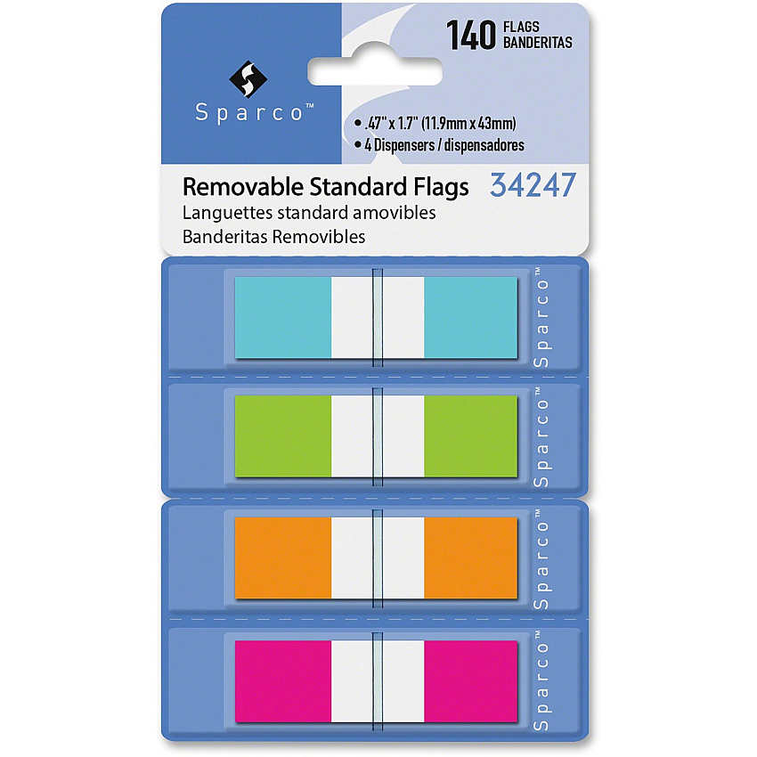 Sparco Pop-Up Dispenser Page Flags 140 x Assorted - 1/2" - Assorted - Cellophane - Self-adhesive, Repositionable, Removable, Writable - 140 / Pack (34247)