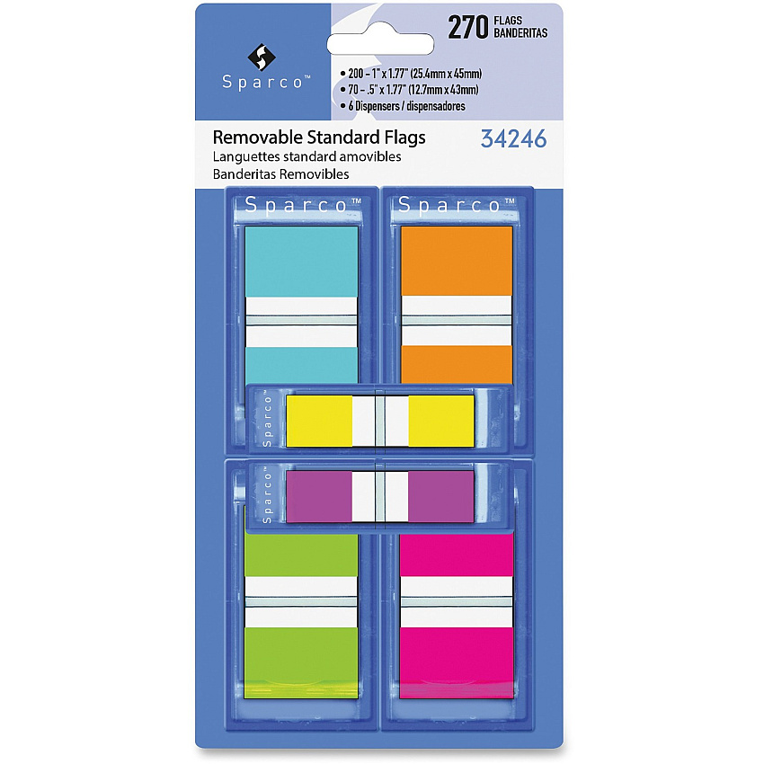 Sparco Assorted Pop-Up Flags Combo Pack 1/2" Flag/Note Width, 1" Flag/Note Width - Assorted - Self-adhesive, Repositionable, Removable, Writable - 270 / Pack (34246)