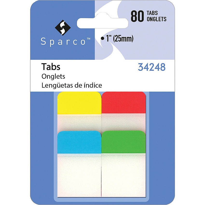 Sparco 1" Durable Tabs Write-on Tab(s) - 1" Tab Height - Assorted Tab(s) - Durable, Tear Resistant, Curl Resistant, Repositionable, Removable - 80 / Pack (34248)