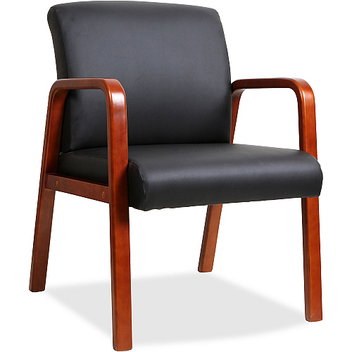 Lorell Upholstered Guest Chair Black Seat Color - Bonded Leather Seat Material - Black Back Color - Bonded Leather Back Material - Cherry Frame Color - Solid Wood Frame Material - Four-legged Base - Armrest - 1 Each (LLR40200)