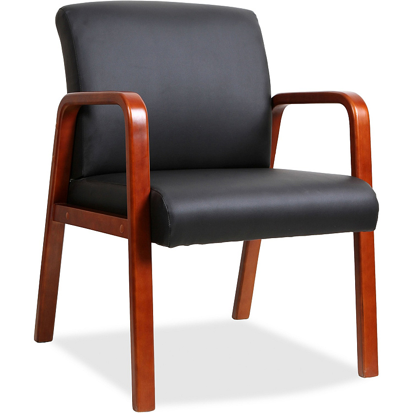 Lorell Upholstered Guest Chair Black Seat Color - Bonded Leather Seat Material - Black Back Color - Bonded Leather Back Material - Cherry Frame Color - Solid Wood Frame Material - Four-legged Base - Armrest - 1 Each (LLR40200)