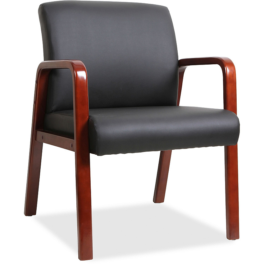 Lorell Upholstered Guest Chair Black Seat Color - Bonded Leather Seat Material - Black Back Color - Bonded Leather Back Material - Mahogany Frame Color - Solid Wood Frame Material - Four-legged Base - Armrest - 1 Each (LLR40202)