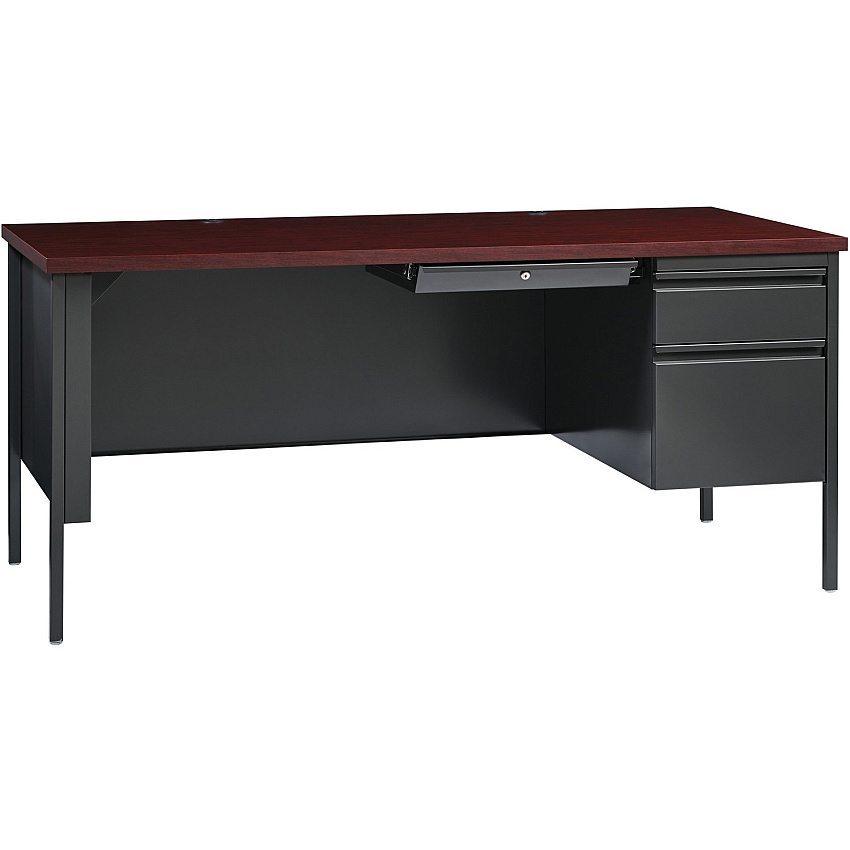 Lorell Fortress Series 66" Right-Pedestal Desk Rectangle Top - 66" Table Top Width x 30" Table Top Depth x 1.12" Table Top Thickness - 29.50" Height - Office, File - Assembly Required - Laminated, Mahogany - Steel - 1 Each (LLR60916)