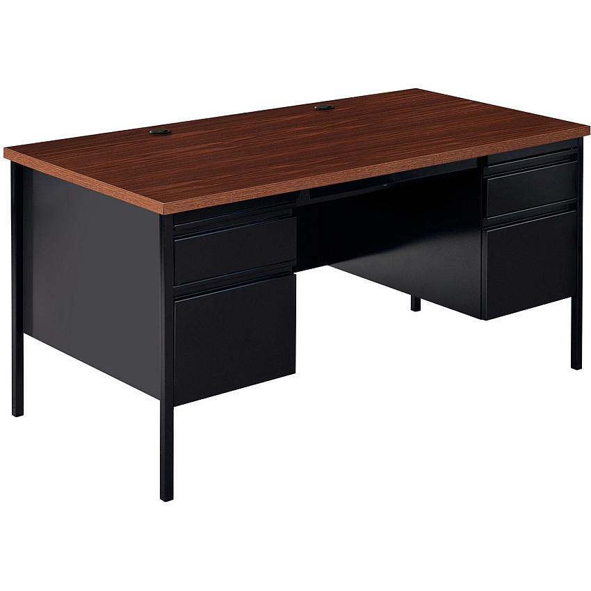 Lorell Fortress Series Double-Pedestal Desk Rectangle Top - 60" Table Top Width x 30" Table Top Depth x 1.12" Table Top Thickness - 29.50" Height - Office, File - Assembly Required - Black Walnut, Laminated, Walnut - Steel - 1 Each (LLR60927)