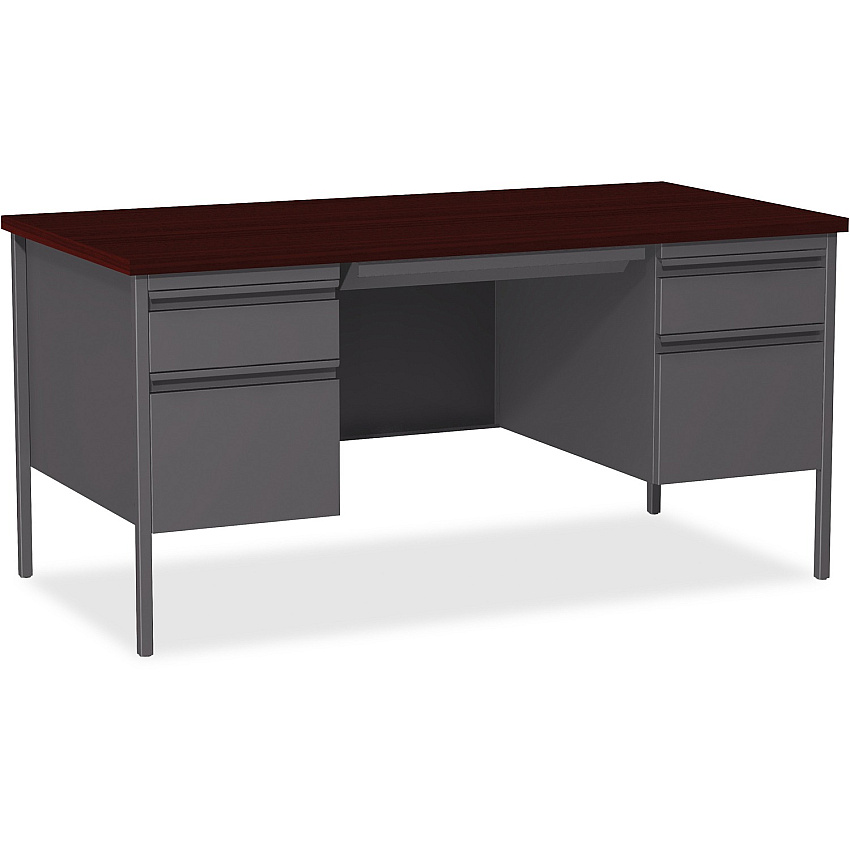 Lorell Fortress Series Double-Pedestal Desk Rectangle Top - 60" Table Top Width x 30" Table Top Depth x 1.12" Table Top Thickness - 29.50" Height - Office, File - Assembly Required - Laminated, Mahogany - Steel - 1 Each (LLR60928)