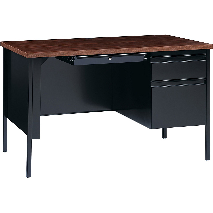 Lorell Fortress Series 48" Right Single-Pedestal Desk Laminated Rectangle, Walnut Top - 30" Table Top Length x 48" Table Top Width x 1.13" Table Top Thickness - 29.50" Height - Business Environment, Educational Environment, Office - Assembly Re (LLR66902)