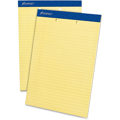 Ampad Writing Pad 50 Sheets - Stapled - 0.34" Ruled - 15 lb Basis Weight - Letter - 8 1/2" x 11" Sheet Size x 8.5" Width x 11.8" Length - Canary Yellow Paper - Dark Blue Binding - Micro Perforated, Sturdy Back, Chipboard Backing, Tear Resistant -  (20224)