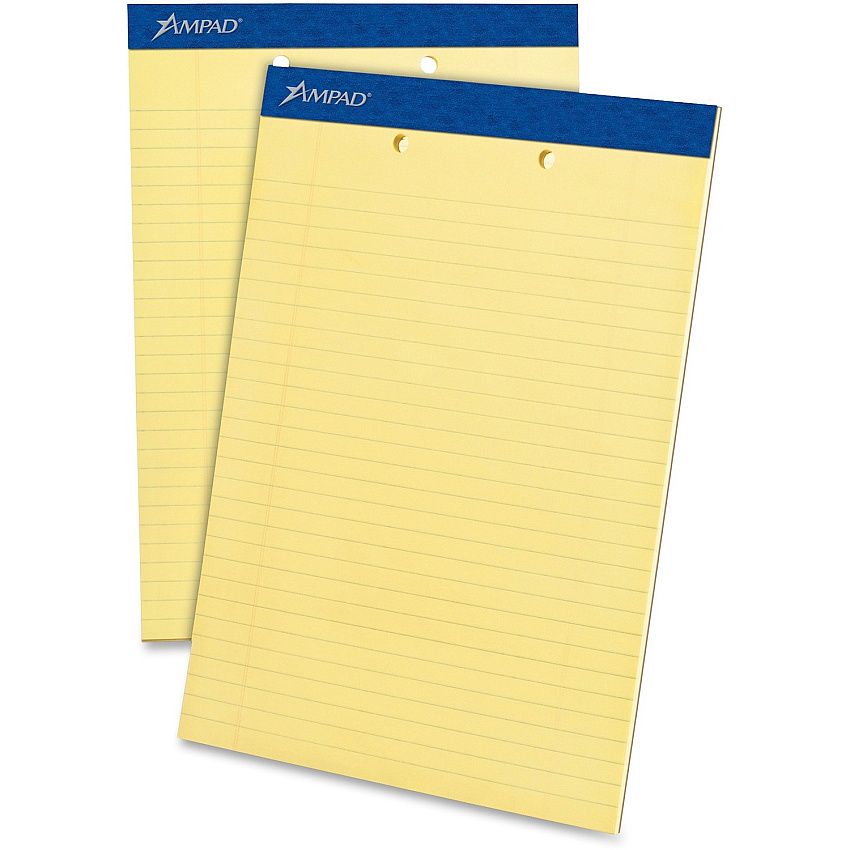 Ampad Writing Pad 50 Sheets - Stapled - 0.34" Ruled - 15 lb Basis Weight - Letter - 8 1/2" x 11" Sheet Size x 8.5" Width x 11.8" Length - Canary Yellow Paper - Dark Blue Binding - Micro Perforated, Sturdy Back, Chipboard Backing, Tear Resistant -  (20224)