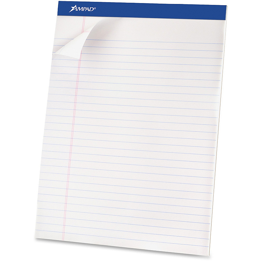 Ampad Basic Perforated Writing Pads 50 Sheets - Stapled - 0.34" Ruled - 15 lb Basis Weight - 8 1/2" x 11 3/4" Sheet Size - White Paper - White Cover - Sturdy Back, Header Strip, Micro Perforated, Chipboard Backing - 1 Dozen (20360)
