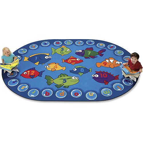 Carpets for Kids&reg; Premium Fishing For Literacy Oval Rug 12 ft Length x 96" Width - Oval - Alphabet Bubbles, Numbers, Fishing For Literacy - Multi - 1 Each (6807)