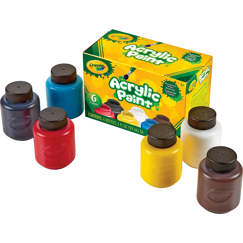 Crayola 6-color Acrylic Paint Set 6 Color(s) - Deep Red, Brilliant Yellow, Burnt Umber, Ivory Black, Titanium White, Brilliant Blue - 2 oz - 6 / Set (201997)