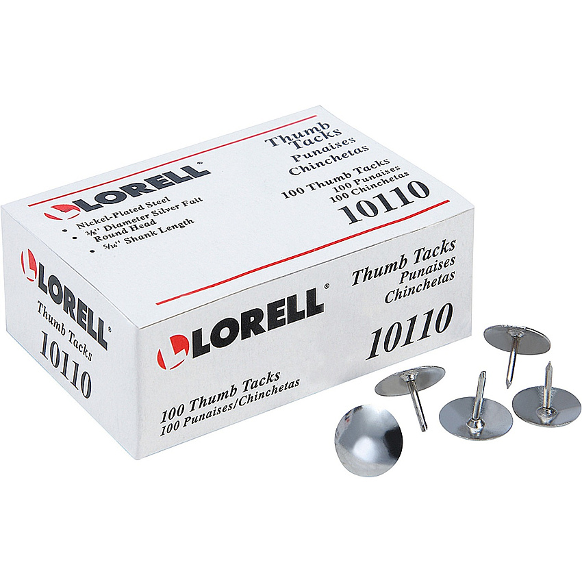 Lorell 5/16" Long Thumb Tacks 0.31" Shank - 0.38" Head - for Schedule, Wall - Silver - Nickel Plated Steel - 100 / Pack (LLR10110)