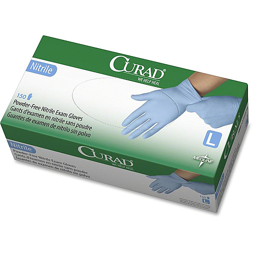 Curad Powder-free Nitrile Disposable Exam Gloves 9.50" Glove Length - Large Size - Full-Textured Design - Blue - Latex-free, Non-sterile, Chemical Resistant - For Medical - 150 / Box (CUR9316)