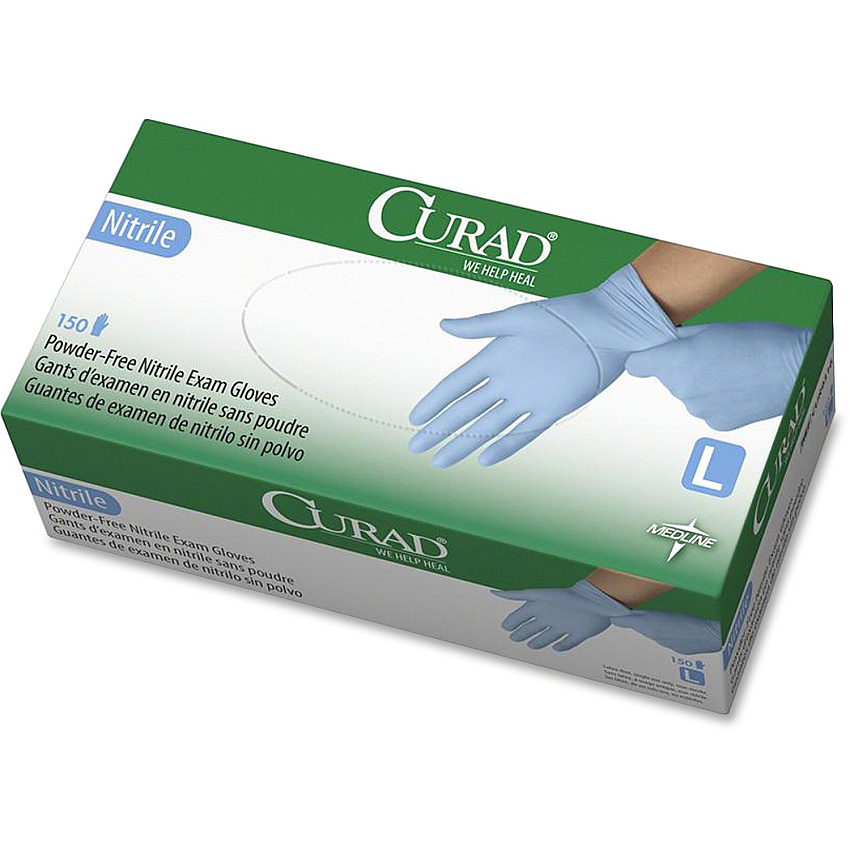 Curad Powder-free Nitrile Disposable Exam Gloves 9.50" Glove Length - Large Size - Full-Textured Design - Blue - Latex-free, Non-sterile, Chemical Resistant - For Medical - 150 / Box (CUR9316)