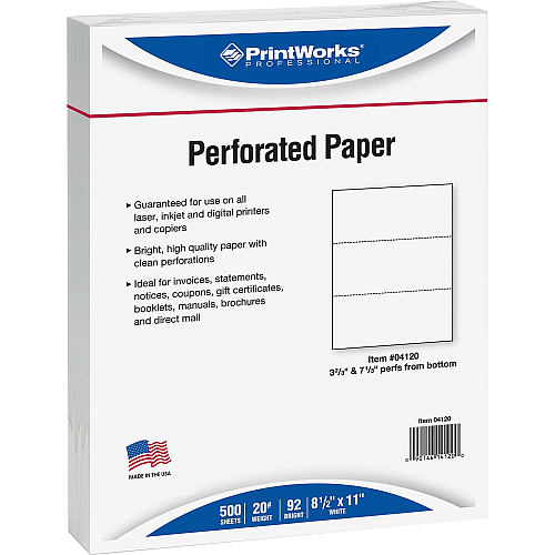 PrintWorks Professional Pre-Perforated Paper for Invoices, Statements, Gift Certificates & More Letter - 8 1/2" x 11" - 20 lb Basis Weight - Sustainable Forestry Initiative (SFI) - Perforated - White - 500 / Ream (04120)
