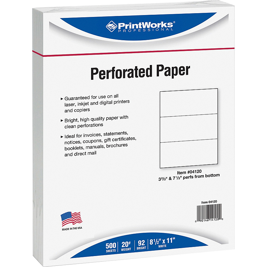 PrintWorks Professional Pre-Perforated Paper for Invoices, Statements, Gift Certificates & More Letter - 8 1/2" x 11" - 20 lb Basis Weight - Sustainable Forestry Initiative (SFI) - Perforated - White - 500 / Ream (04120)