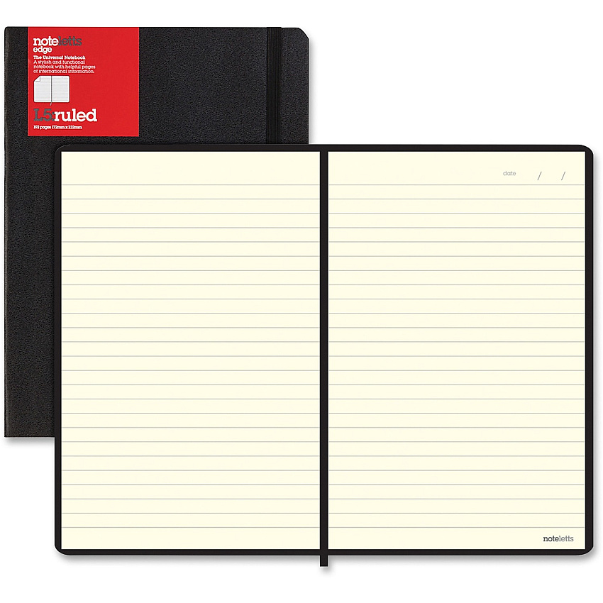 Letts of London L5 Ruled Notebook Sewn x 9" Width x 6" Length - Black Cover - Elastic Closure, Flexible Cover, Pocket - 1 Each (LEN5ERBK)