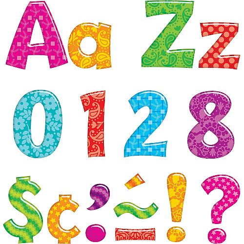 Trend Colorful Patterns 4-inch Ready Letters Learning Theme/Subject - 59 x Uppercase Letters, 84 x Lowercase Letters, 20 x Numbers, 35 x Punctuation Marks, 18 x Spanish Accent Mark Shape - Fade Resistant, Sturdy, Durable, Reusable - 4" Height x 8" (79756)