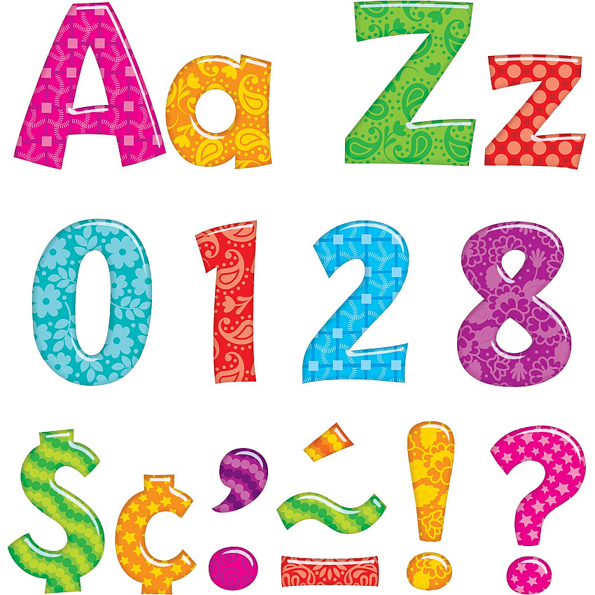 Trend Colorful Patterns 4-inch Ready Letters Learning Theme/Subject - 59 x Uppercase Letters, 84 x Lowercase Letters, 20 x Numbers, 35 x Punctuation Marks, 18 x Spanish Accent Mark Shape - Fade Resistant, Sturdy, Durable, Reusable - 4" Height x 8" (79756)