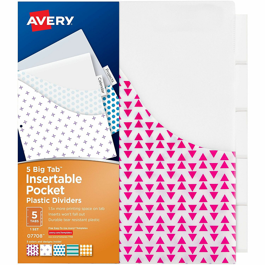 Avery&reg; Big Tab Insertable Plastic Pocket Dividers 1 x Divider(s) - 5 Tab(s) - 5 Tab(s)/Set - 9.3" Divider Width x 11.25" Divider Length - 3 Hole Punched - Multicolor Plastic Divider - Clear Plastic Tab(s) - Hole-punched, Customizable, Sturdy,  (07708)