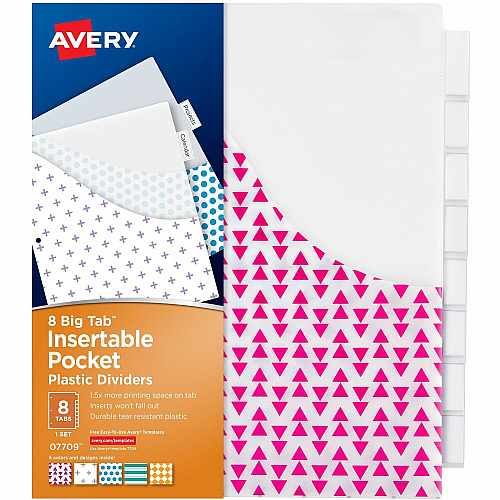 Avery&reg; Big Tab Plastic Dividers with Pockets, 8-Tab 8 x Divider(s) - 8 Tab(s) - 8 Tab(s)/Set - 9.3" Divider Width x 11.25" Divider Length - 3 Hole Punched - Multicolor Plastic Divider - Clear Plastic Tab(s) - PVC-free, Hole-punched, Insertable (07709)