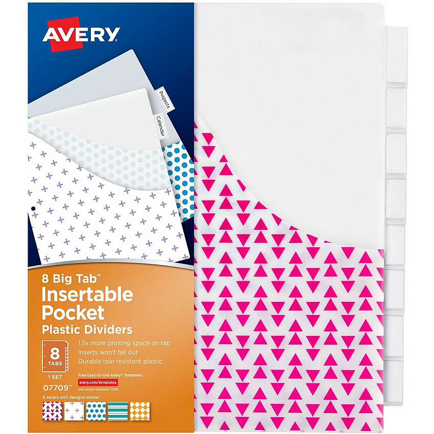 Avery&reg; Big Tab Plastic Dividers with Pockets, 8-Tab 8 x Divider(s) - 8 Tab(s) - 8 Tab(s)/Set - 9.3" Divider Width x 11.25" Divider Length - 3 Hole Punched - Multicolor Plastic Divider - Clear Plastic Tab(s) - PVC-free, Hole-punched, Insertable (07709)