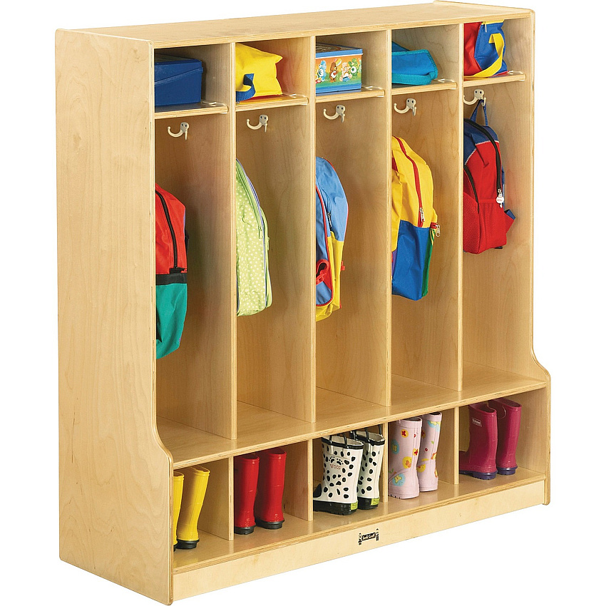 Jonti-Craft 5 Section Step Coat Locker 50.50" Height x 48" Width x 17.50" Depth - Floor - Hanging Hook, Stain Resistant, Sturdy - White - Baltic Birch Plywood - 1 Each (0468JC)