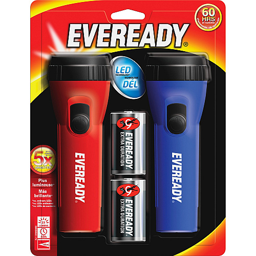 Eveready LED Economy Flashlight LED - 9 lm Lumen - 1 x D - Polypropylene - Blue, Red - 2 / Pack (L152S)