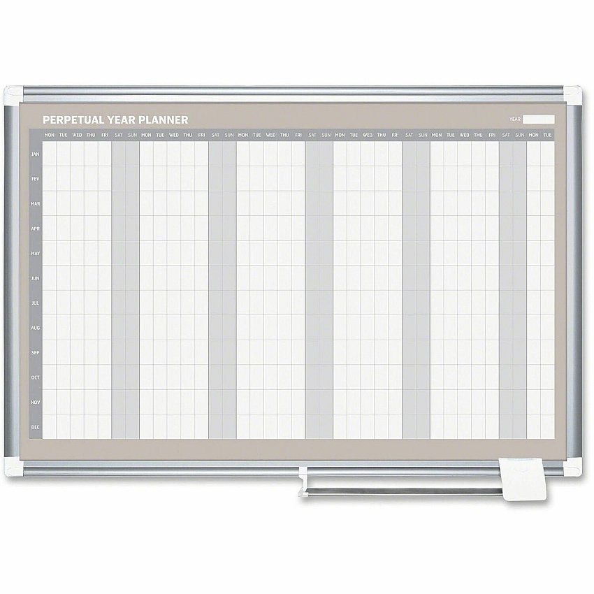 MasterVision Magnetic 12-Month Planner Monthly - 12 Month - Silver Gray, White, Pale Gray - Aluminum, Lacquered Steel - 36" Height x 48" Width - Durable, Accessory Tray, Dry Erase Surface, Magnetic - 1 Each (GA0594830)
