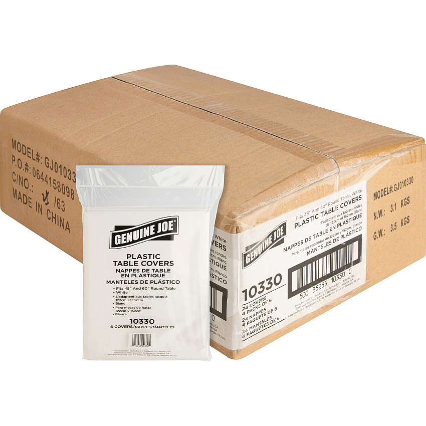 Genuine Joe Plastic Round Tablecovers 84" Diameter - Plastic - White - 6/Pack - 4 / Carton (GJO10330CT)