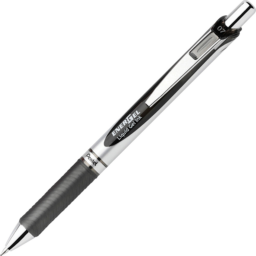 EnerGel EnerGel RTX Liquid Gel Pens 0.7 mm Medium Pen Point - Refillable - Retractable - Black Ink - Gel-based - Silver Barrel - Metal Tip - 1 Dozen (BL77ADZ)