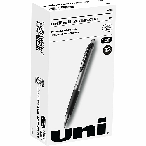 uni-ball uniball&trade; 207 Impact RT Gel Pens 1 mm Bold Pen Point - Refillable - Retractable - Black Ink - Gel-based - Metallic Barrel - 1 Dozen (65870DZ)