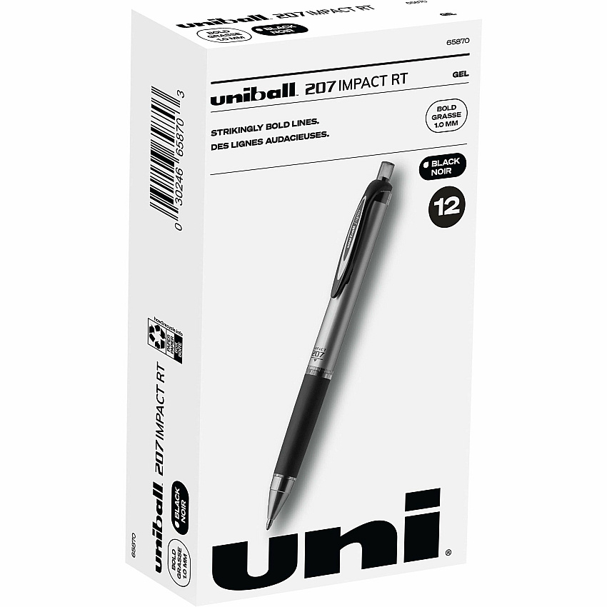 uni-ball uniball&trade; 207 Impact RT Gel Pens 1 mm Bold Pen Point - Refillable - Retractable - Black Ink - Gel-based - Metallic Barrel - 1 Dozen (65870DZ)