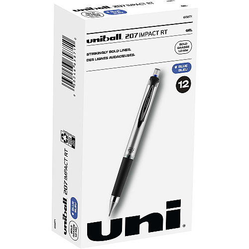 uni-ball uniball&trade; 207 Impact RT Gel Pens 1 mm Bold Pen Point - Refillable - Retractable - Blue Ink - Gel-based - Metallic Barrel - 1 Dozen (65871DZ)