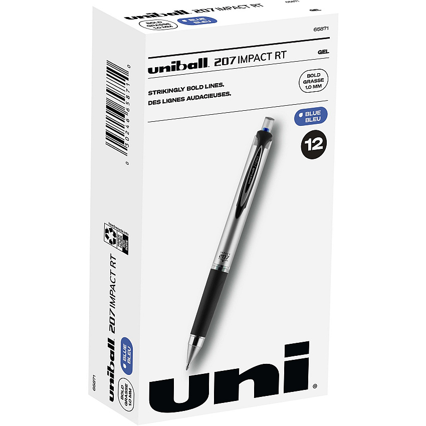 uni-ball uniball&trade; 207 Impact RT Gel Pens 1 mm Bold Pen Point - Refillable - Retractable - Blue Ink - Gel-based - Metallic Barrel - 1 Dozen (65871DZ)